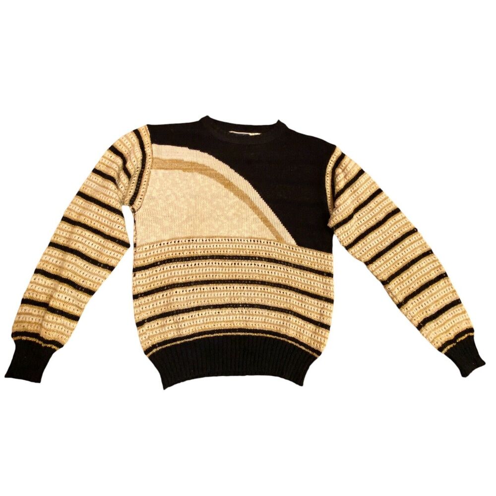 Vtg 80s Mariea Kim Sweater L Abstract Diagonal Stripe Black Gold Metallic
